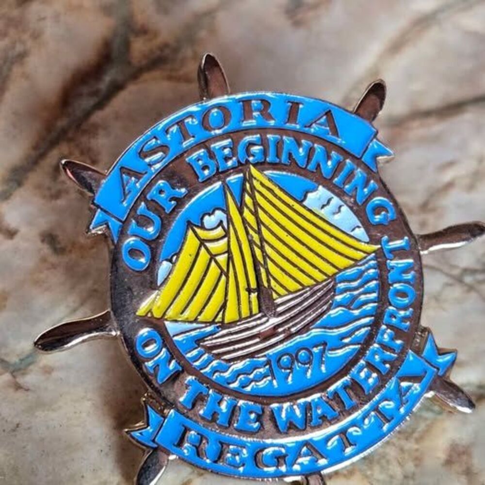 1997 Astoria Regatta Enamel Lapel Pin Ship Wheel Sailing Boat Oregon Souvenir